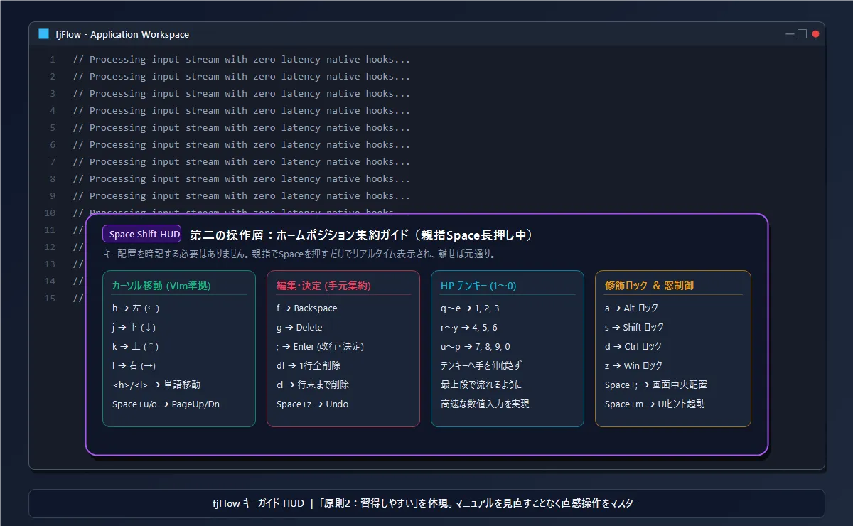 fjFlow キーガイド HUD 表示例