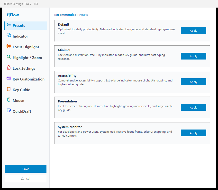 fjFlow Settings GUI Presets