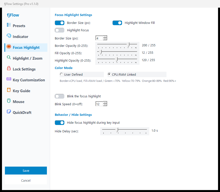 Settings Dialog - Focus Highlight Tab