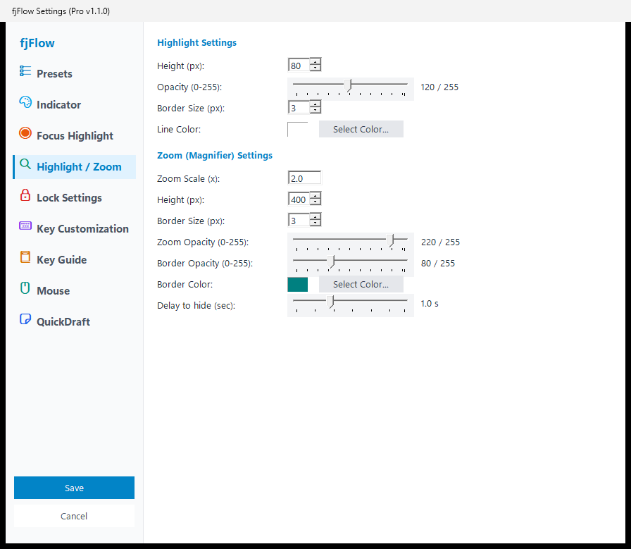 Settings Dialog - Highlight / Zoom Tab