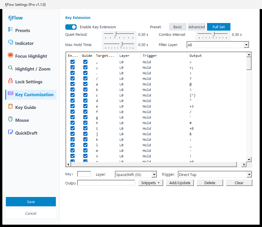Settings Dialog - Key Customize Tab