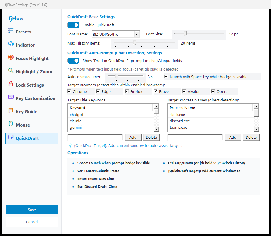 Settings Dialog - QuickDraft Tab